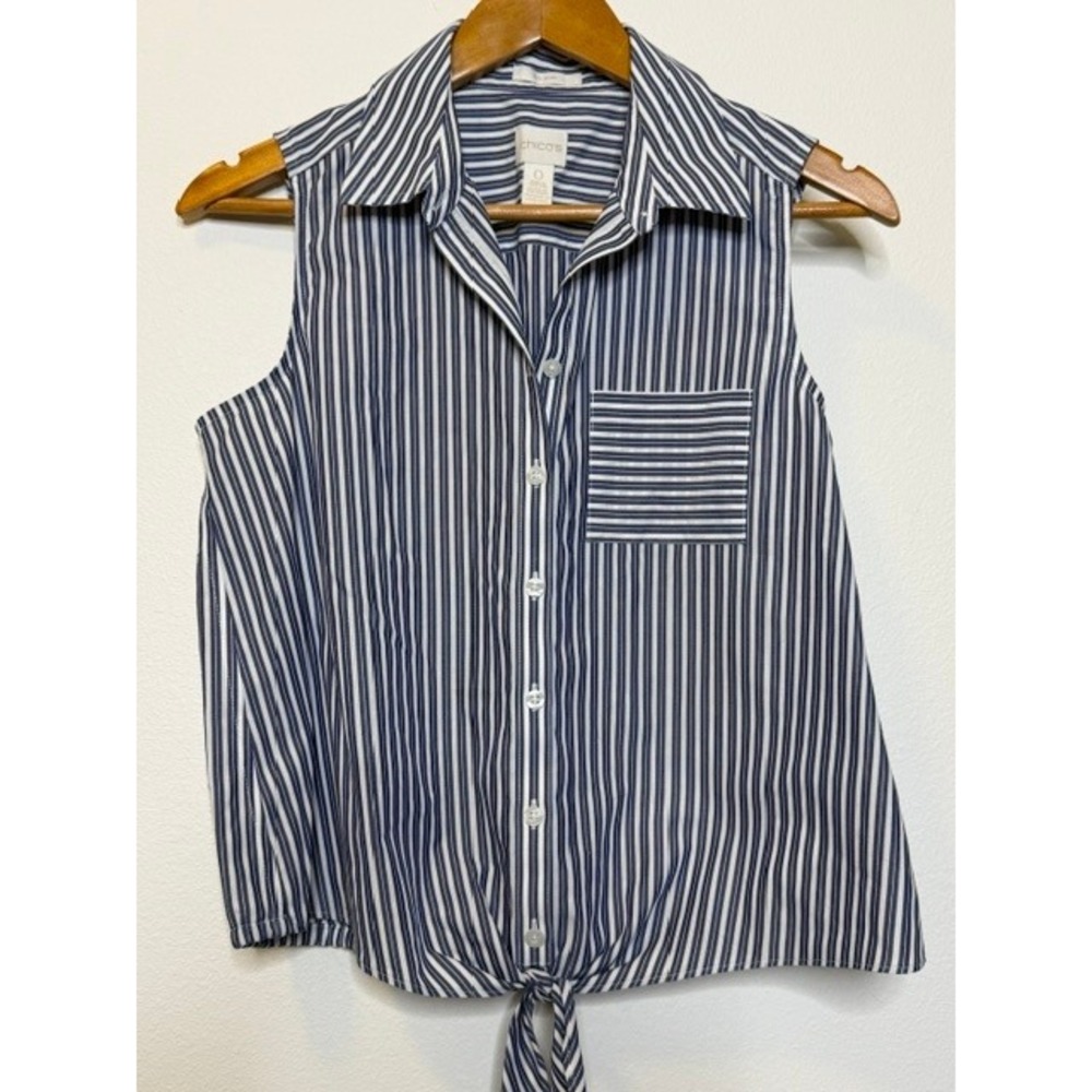 Chicos No Iron Blue White Striped Sleeveless Button Down Tie Front Top Size 0